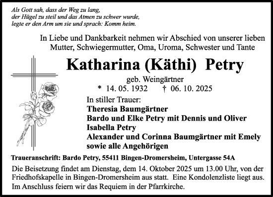 Traueranzeige von Katharina Petry von Binger-/Ingelheimer Wochenblatt Traueranzeige von Katharina Petry von Binger-/Ingelheimer Wochenblatt