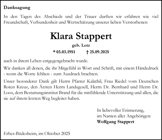 Traueranzeige von Klara Stappert von Allgemeine Zeitung Alzey