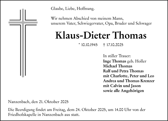 Traueranzeige von Klaus-Dieter Thomas von Dill Block