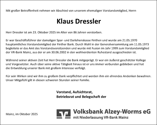 Traueranzeige von Klaus Dressler von Allgemeine Zeitung Mainz Traueranzeige von Klaus Dressler von Allgemeine Zeitung Mainz