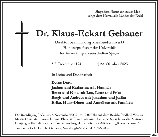 Traueranzeige von Klaus-Eckart Gebauer von Allgemeine Zeitung Mainz Traueranzeige von Klaus-Eckart Gebauer von Allgemeine Zeitung Mainz
