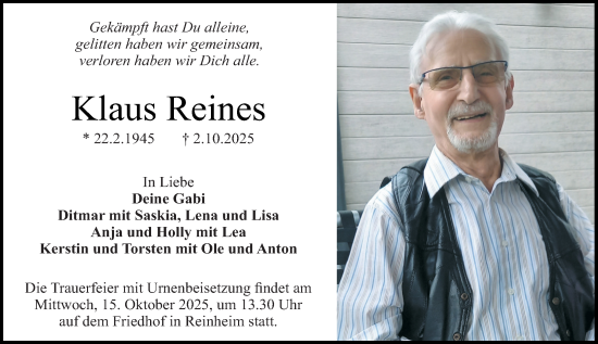 Traueranzeige von Klaus Reines von Darmstädter Echo Traueranzeige von Klaus Reines von Darmstädter Echo