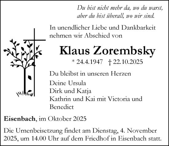 Traueranzeige von Klaus Zorembsky von Camberger Anzeiger Traueranzeige von Klaus Zorembsky von Camberger Anzeiger