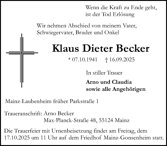 Traueranzeige von Klaus Dieter Becker von Allgemeine Zeitung Mainz Traueranzeige von Klaus Dieter Becker von Allgemeine Zeitung Mainz