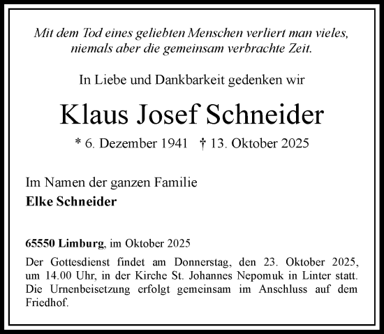 Traueranzeige von Klaus Josef Schneider von Nassauische Neue Presse