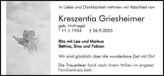 Traueranzeige von Kreszentia Griesheimer von Darmstädter Echo Traueranzeige von Kreszentia Griesheimer von Darmstädter Echo