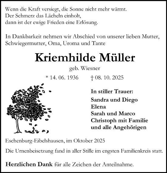 Traueranzeige von Kriemhilde Müller von Dill Block Traueranzeige von Kriemhilde Müller von Dill Block