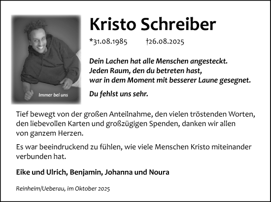 Traueranzeige von Kristo Schreiber von Darmstädter Echo Traueranzeige von Kristo Schreiber von Darmstädter Echo
