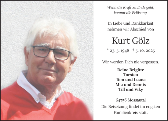 Traueranzeige von Kurt Gölz von Odenwälder Echo Traueranzeige von Kurt Gölz von Odenwälder Echo