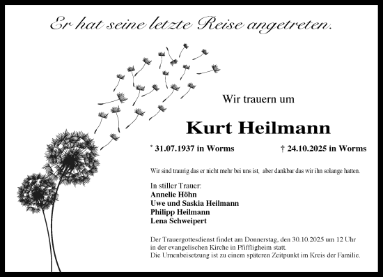 Traueranzeige von Kurt Heilmann von Wormser Zeitung Traueranzeige von Kurt Heilmann von Wormser Zeitung