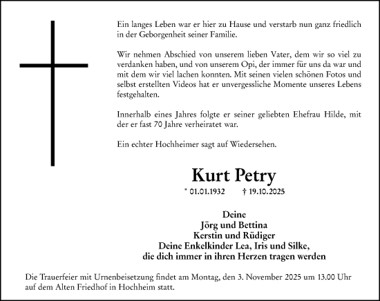 Traueranzeige von Kurt Petry von Hochheimer Zeitung Traueranzeige von Kurt Petry von Hochheimer Zeitung