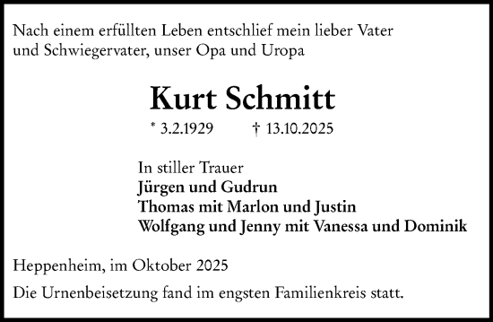 Traueranzeige von Kurt Schmitt von Starkenburger Echo Traueranzeige von Kurt Schmitt von Starkenburger Echo