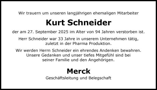 Traueranzeige von Kurt Schneider von Darmstädter Echo