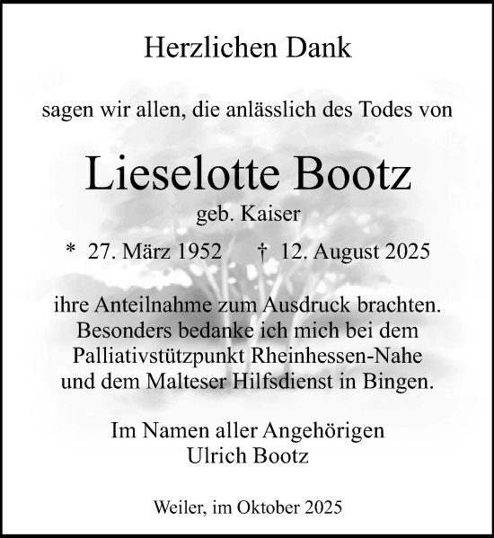 Traueranzeige von Lieselotte Bootz von Allgemeine Zeitung Rheinhessen-Nahe Traueranzeige von Lieselotte Bootz von Allgemeine Zeitung Rheinhessen-Nahe