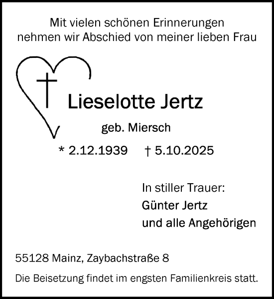 Traueranzeige von Lieselotte Jertz von Allgemeine Zeitung Mainz Traueranzeige von Lieselotte Jertz von Allgemeine Zeitung Mainz