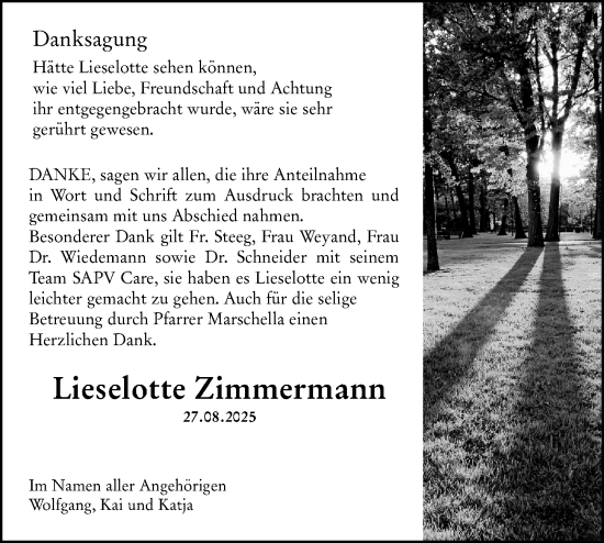 Traueranzeige von Lieselotte Zimmermann von Allgemeine Zeitung Alzey Traueranzeige von Lieselotte Zimmermann von Allgemeine Zeitung Alzey
