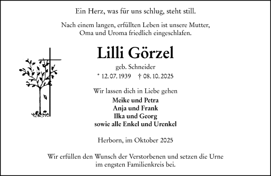 Traueranzeige von Lilli Görzel von Dill Block Traueranzeige von Lilli Görzel von Dill Block