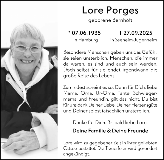 Traueranzeige von Lore Porges von Darmstädter Echo Traueranzeige von Lore Porges von Darmstädter Echo