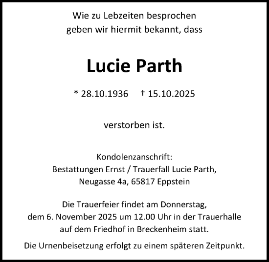 Traueranzeige von Lucie Parth von Wiesbadener Kurier Traueranzeige von Lucie Parth von Wiesbadener Kurier