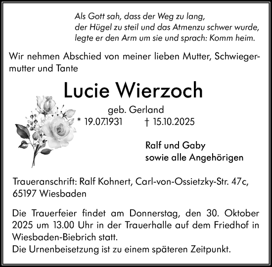 Traueranzeige von Lucie Wierzoch von Wiesbadener Kurier Traueranzeige von Lucie Wierzoch von Wiesbadener Kurier