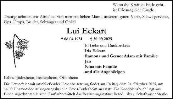 Traueranzeige von Lui Eckart von Allgemeine Zeitung Alzey