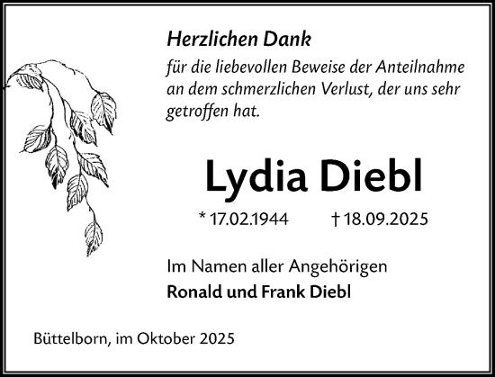 Traueranzeige von Lydia Diebl von Groß-Gerauer Echo Traueranzeige von Lydia Diebl von Groß-Gerauer Echo