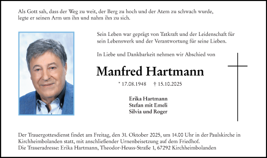 Traueranzeige von Manfred Hartmann von Allgemeine Zeitung Alzey