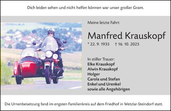Traueranzeige von Manfred Krauskopf von Wetzlarer Neue Zeitung Traueranzeige von Manfred Krauskopf von Wetzlarer Neue Zeitung