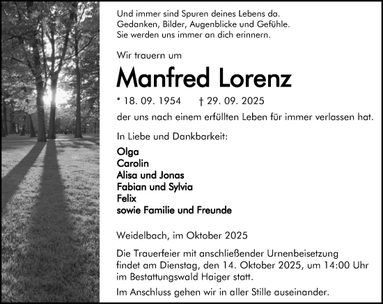 Traueranzeige von Manfred Lorenz von Dill Block