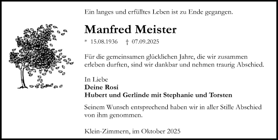 Traueranzeige von Manfred Meister von Darmstädter Echo Traueranzeige von Manfred Meister von Darmstädter Echo