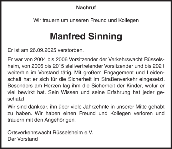 Traueranzeige von Manfred Sinning von Rüsselsheimer Echo