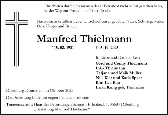 Traueranzeige von Manfred Thielmann von Dill Block Traueranzeige von Manfred Thielmann von Dill Block