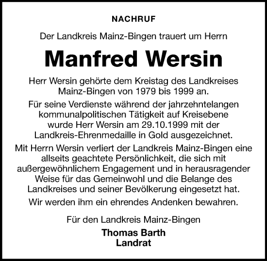 Traueranzeige von Manfred Wersin von Allgemeine Zeitung Rheinhessen-Nahe Traueranzeige von Manfred Wersin von Allgemeine Zeitung Rheinhessen-Nahe