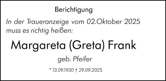 Traueranzeige von Margareta Frank von Allgemeine Zeitung Rheinhessen-Nahe