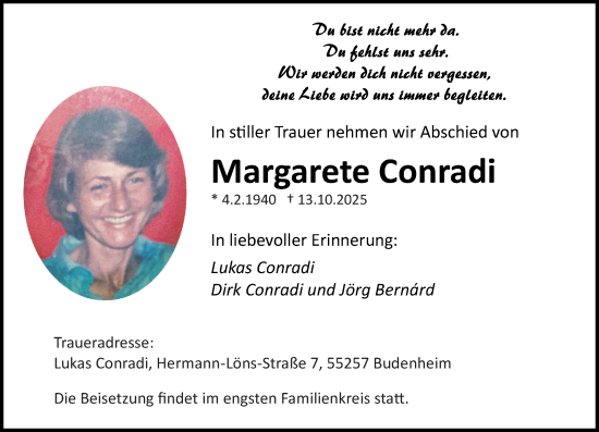 Traueranzeige von Margarete Conradi von Allgemeine Zeitung Mainz Traueranzeige von Margarete Conradi von Allgemeine Zeitung Mainz