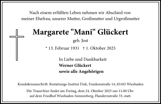 Traueranzeige von Margarete Glückert von Wiesbadener Kurier Traueranzeige von Margarete Glückert von Wiesbadener Kurier
