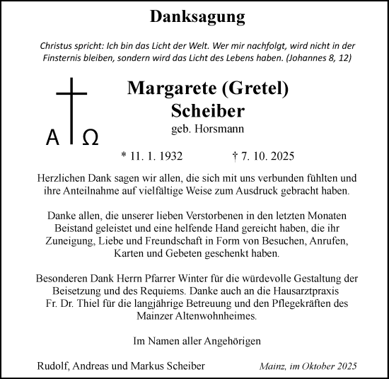 Traueranzeige von Margarete Scheiber von Allgemeine Zeitung Mainz Traueranzeige von Margarete Scheiber von Allgemeine Zeitung Mainz