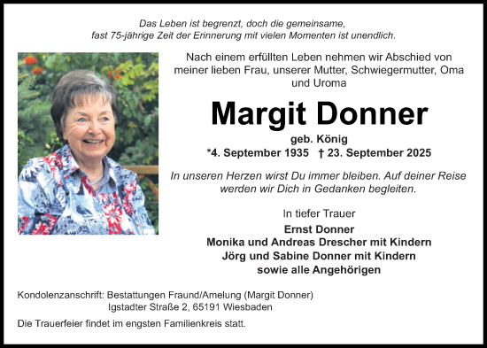 Traueranzeige von Margit Donner von Wiesbadener Kurier Traueranzeige von Margit Donner von Wiesbadener Kurier