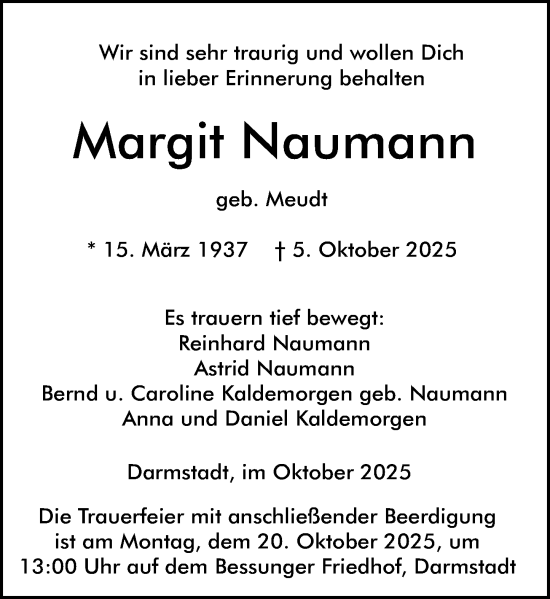 Traueranzeige von Margit Naumann von Darmstädter Echo Traueranzeige von Margit Naumann von Darmstädter Echo