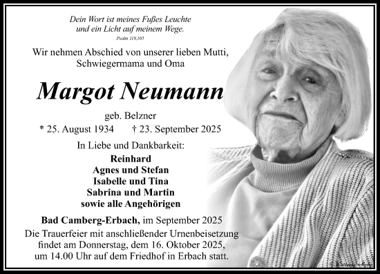Traueranzeige von Margot Neumann von Camberger Anzeiger Traueranzeige von Margot Neumann von Camberger Anzeiger