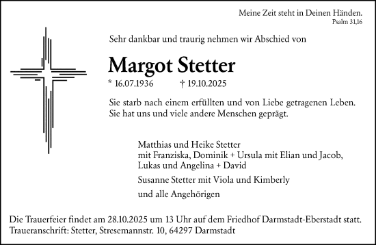 Traueranzeige von Margot Stetter von Darmstädter Echo Traueranzeige von Margot Stetter von Darmstädter Echo
