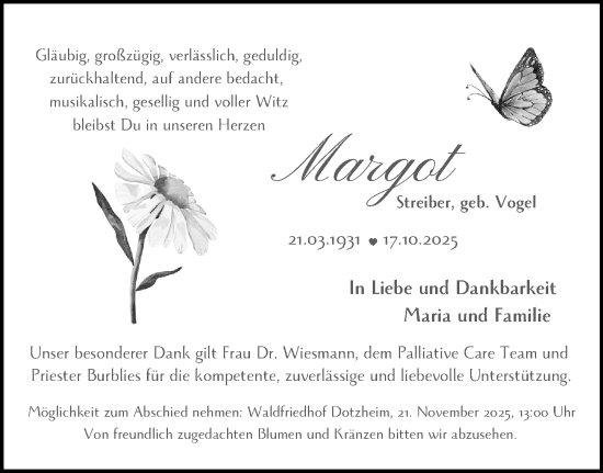Traueranzeige von Margot Streiber von Wiesbadener Kurier Traueranzeige von Margot Streiber von Wiesbadener Kurier