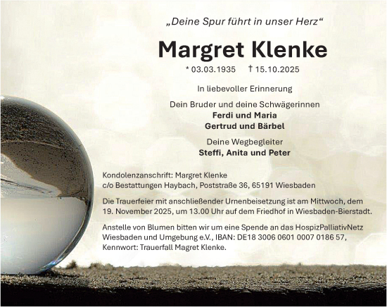 Traueranzeige von Margret Klenke von Wiesbadener Kurier Traueranzeige von Margret Klenke von Wiesbadener Kurier