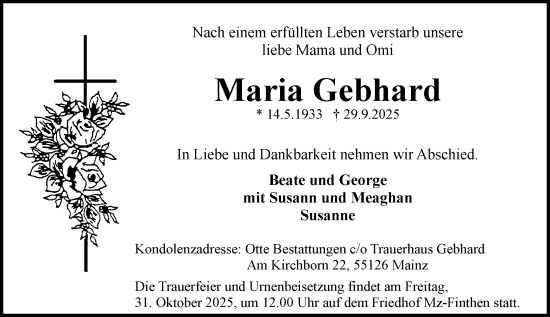 Traueranzeige von Maria Gebhard von Allgemeine Zeitung Mainz Traueranzeige von Maria Gebhard von Allgemeine Zeitung Mainz