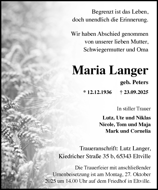 Traueranzeige von Maria Langer von Wiesbadener Kurier Traueranzeige von Maria Langer von Wiesbadener Kurier