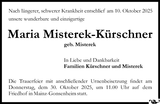 Traueranzeige von Maria Misterek-Kürschner von Allgemeine Zeitung Mainz Traueranzeige von Maria Misterek-Kürschner von Allgemeine Zeitung Mainz