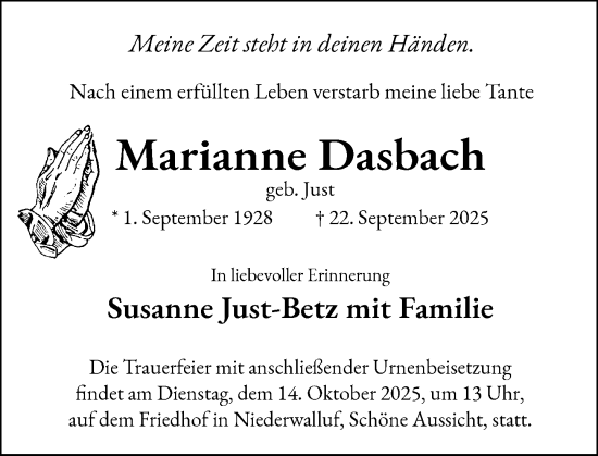 Traueranzeige von Marianne Dasbach von Rheingau Kurier Traueranzeige von Marianne Dasbach von Rheingau Kurier