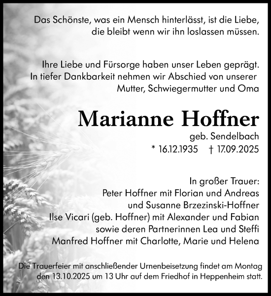 Traueranzeige von Marianne Hoffner von Starkenburger Echo