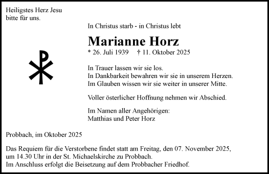 Traueranzeige von Marianne Horz von Weilburger Tageblatt
