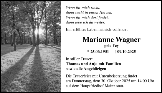 Traueranzeige von Marianne Wagner von Allgemeine Zeitung Alzey Traueranzeige von Marianne Wagner von Allgemeine Zeitung Alzey